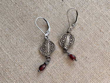 floral stamped Thai silver Garnet Earrings