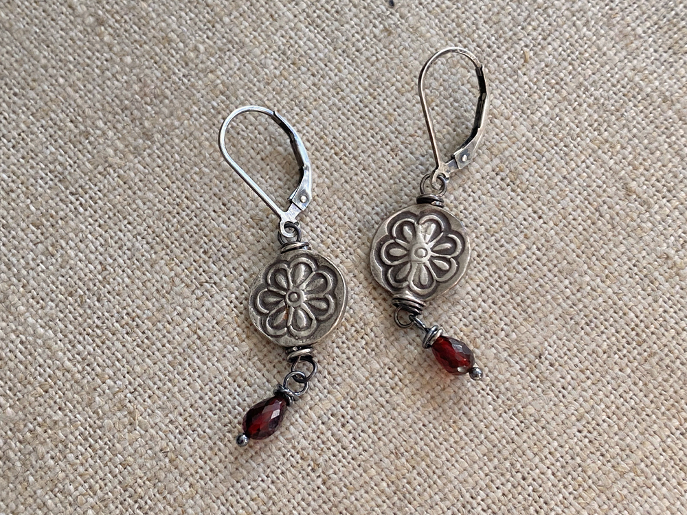 floral stamped Thai silver Garnet Earrings