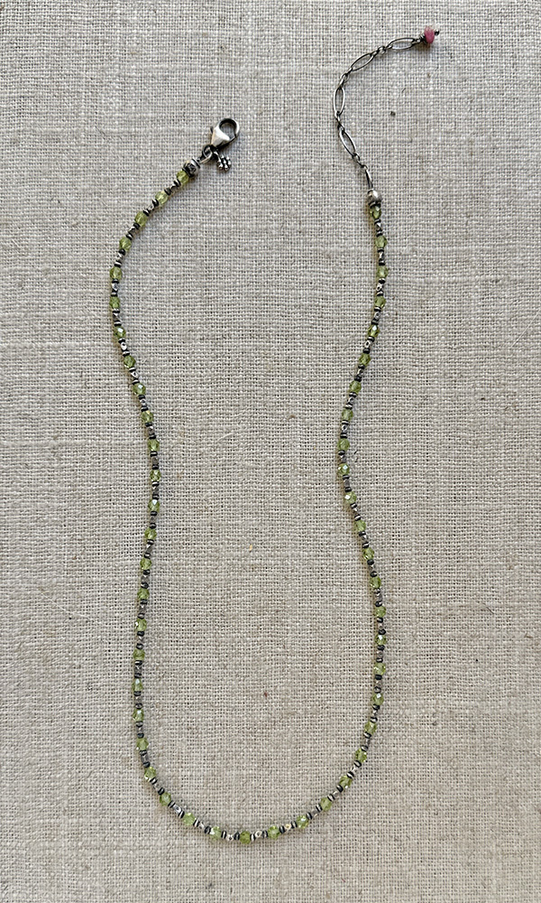 Beaded peridot and Thai silver necklace that is adjustable from 15 inches to 17 inches